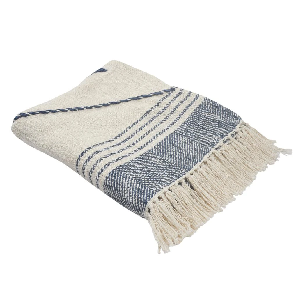 Hivvago 60" X 50" Blue and Off White Woven Cotton Striped Throw Blanket with Fringe