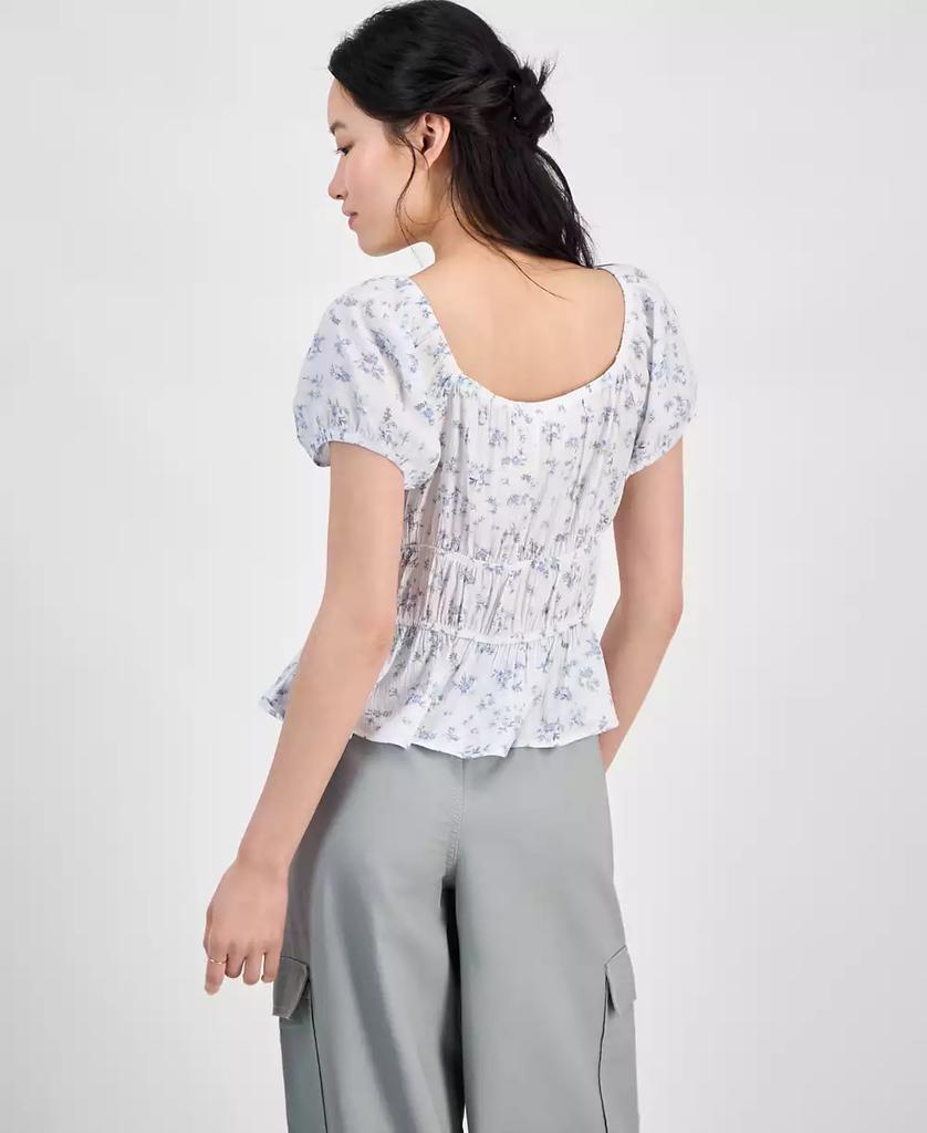 Hippie Rose Juniors' Shirred Tie-Front Peasant Top