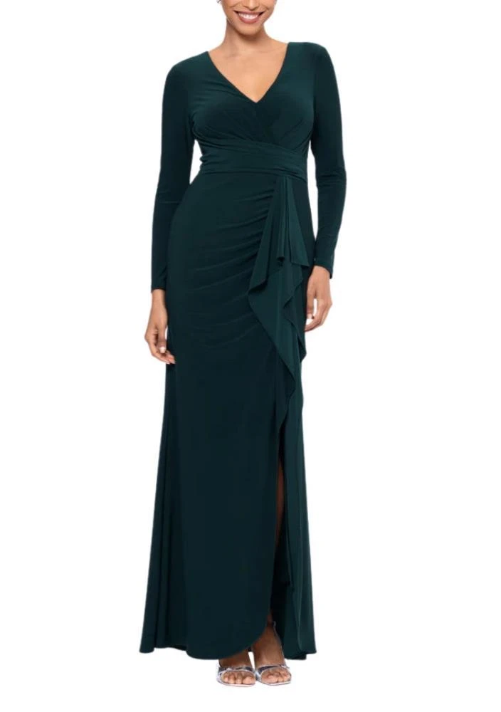 TRUEDAMES Elle Deep V-Neckline Long Sleeves High Ruffled Side Slit Gown Dress