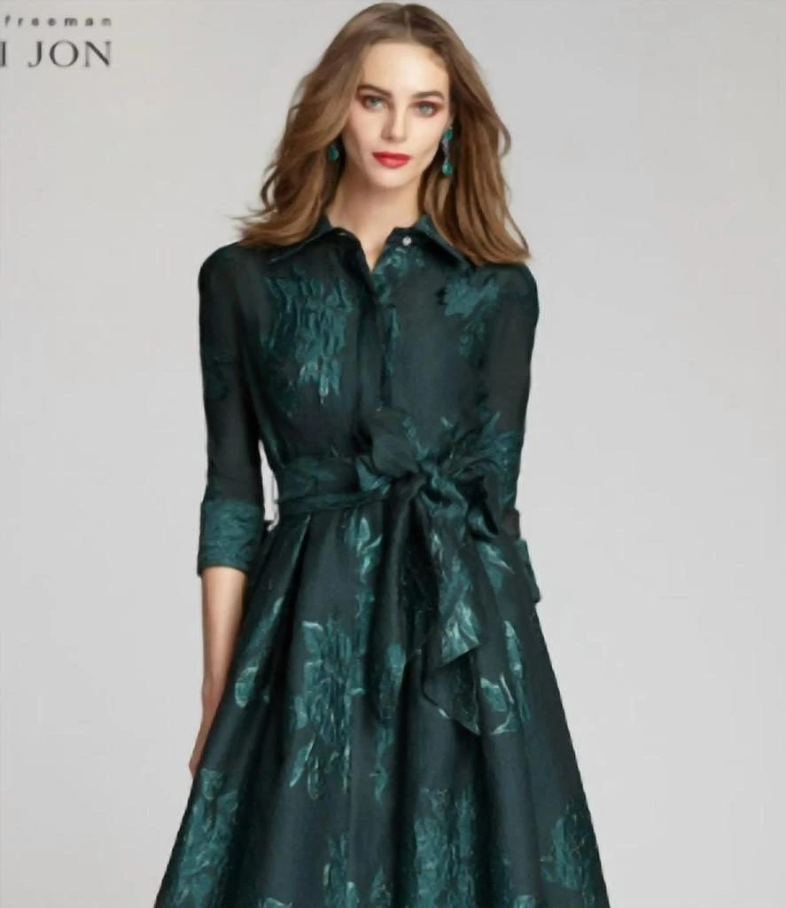 Teri Jon Teri Jon - Metallic Jacquard Shirtdress Gown With Floral Print 3