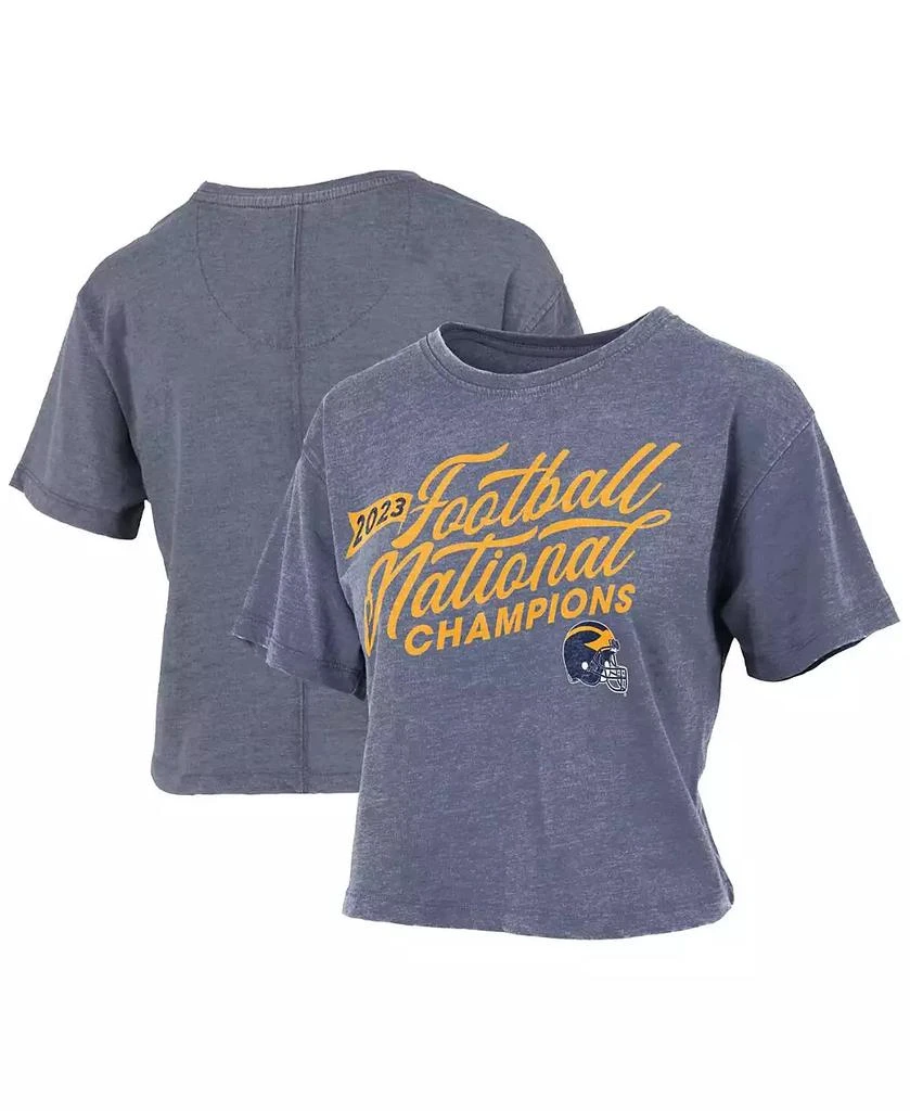 Pressbox Women's Navy Distressed Michigan Wolverines College Football Playoff 2023 National Champions Vintage-Like Waist-Length T-shirt 1