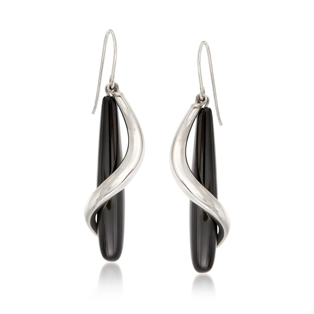 Ross-Simons Ross-Simons Black Onyx Teardrop and Sterling Silver Spiral Drop Earrings
