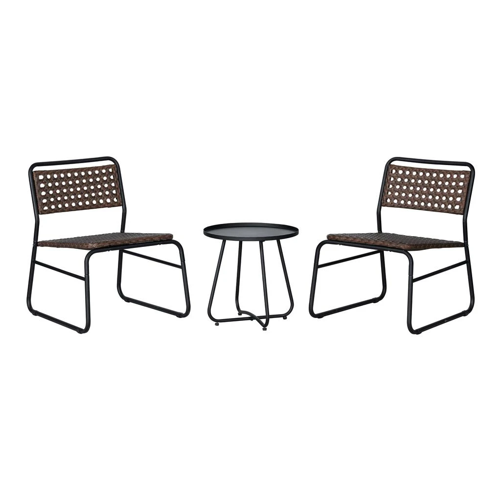 JONATHAN Y Freja 3-Piece Mid-Century Modern Faux Rattan Conversation Outdoor Patio Set, Black/Brown 1