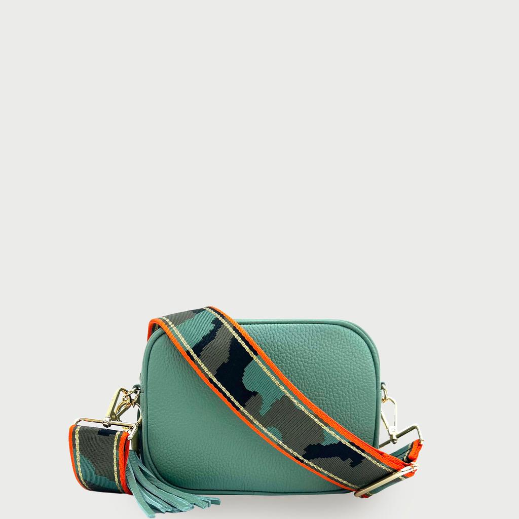 Apatchy London Pistachio Leather Crossbody Bag With Orange & Gold Stripe Camo Strap