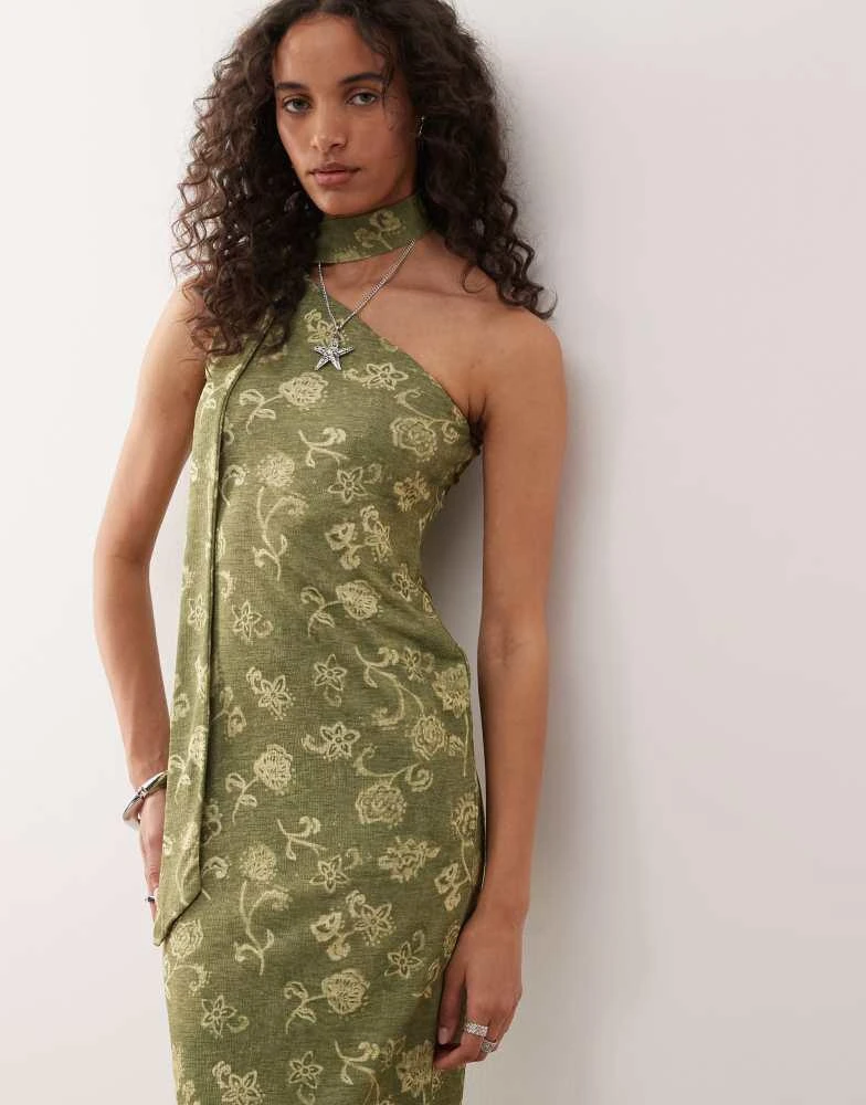 Reclaimed Vintage Reclaimed Vintage one shoulder midi dress with scarf detail in green print 4