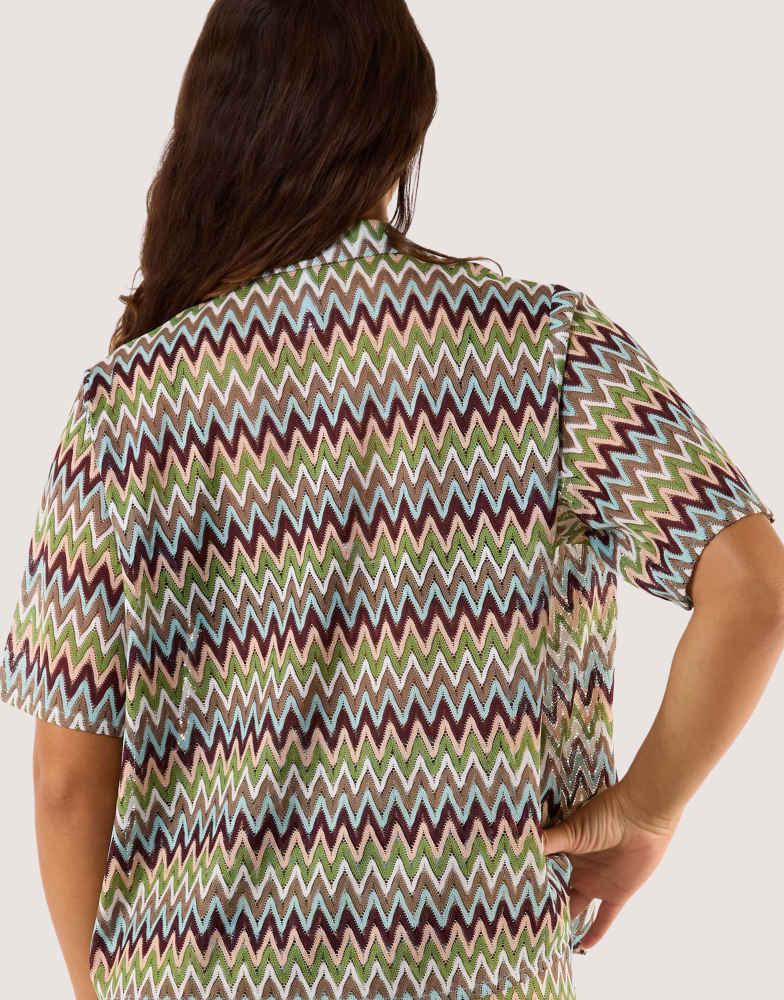 Wolf & Whistle Wolf & Whistle Kalahari zig zag crochet beach shirt in khaki