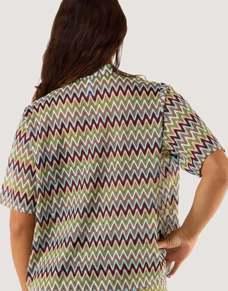 Wolf & Whistle Wolf & Whistle Kalahari zig zag crochet beach shirt in khaki 2