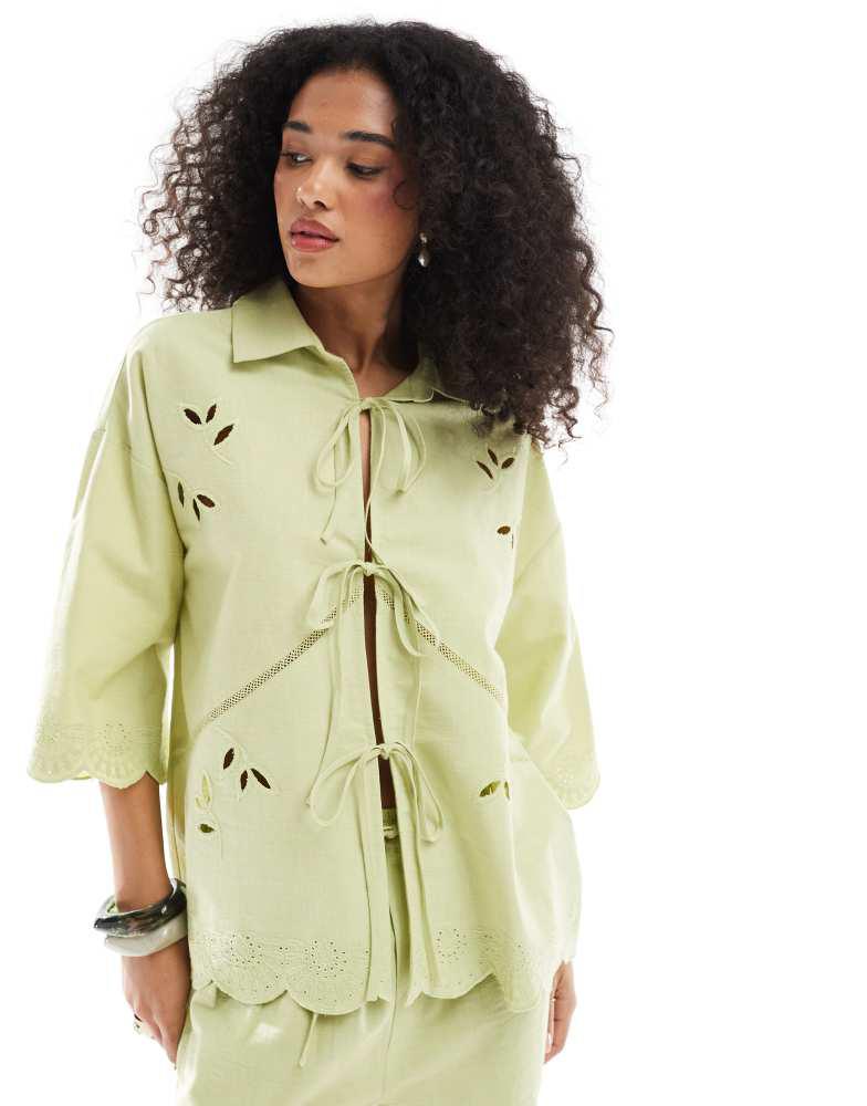 Native Youth Native Youth scallop edge tie detail blouse in sage green