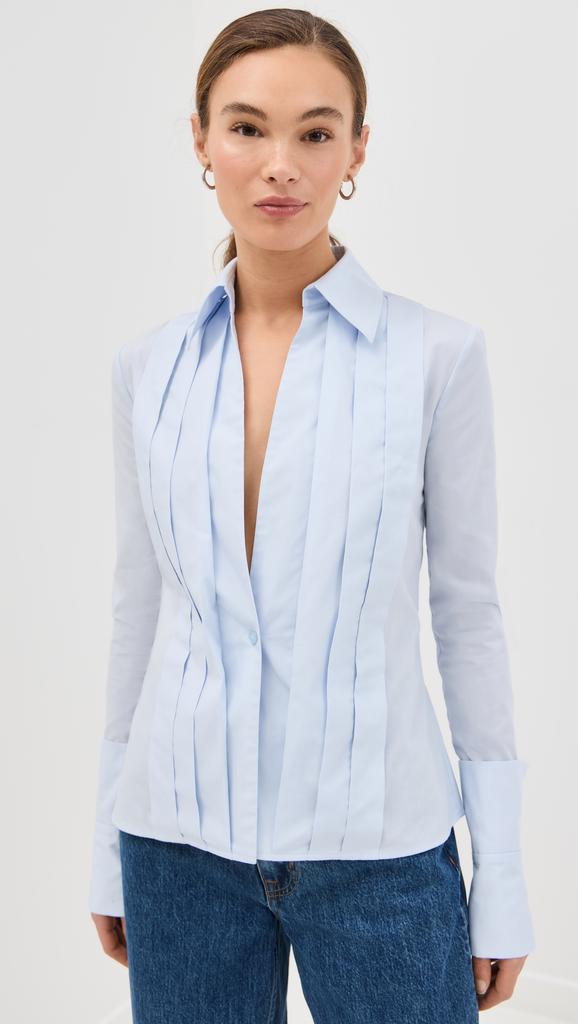 LaQuan Smith Fitted Button Down with Peplum and Pleated Shoulder with Exagerated Cuff