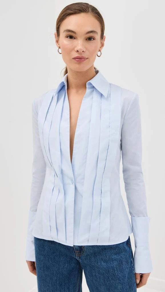 LaQuan Smith Fitted Button Down with Peplum and Pleated Shoulder with Exagerated Cuff 1