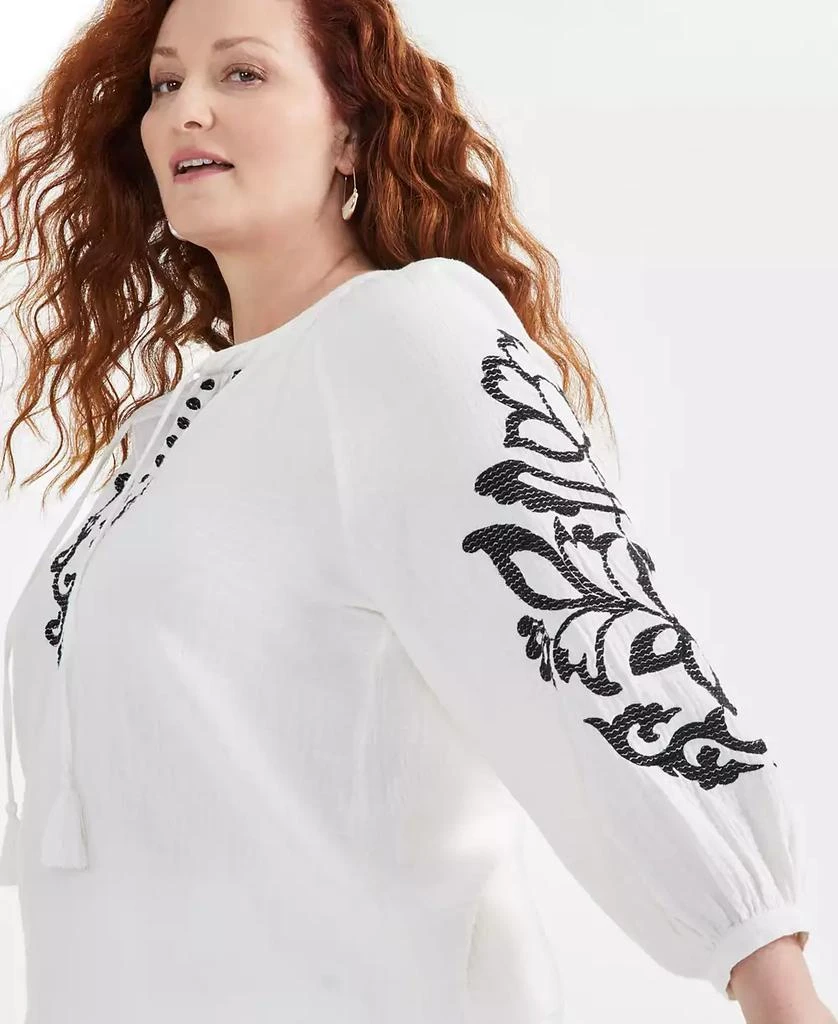 Style & Co Plus Size Tie Neck Cotton Peasant Blouse, Created for Macy's 3