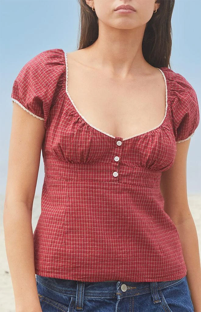 John Galt Burgundy Plaid Blair Short Sleeve Top 2