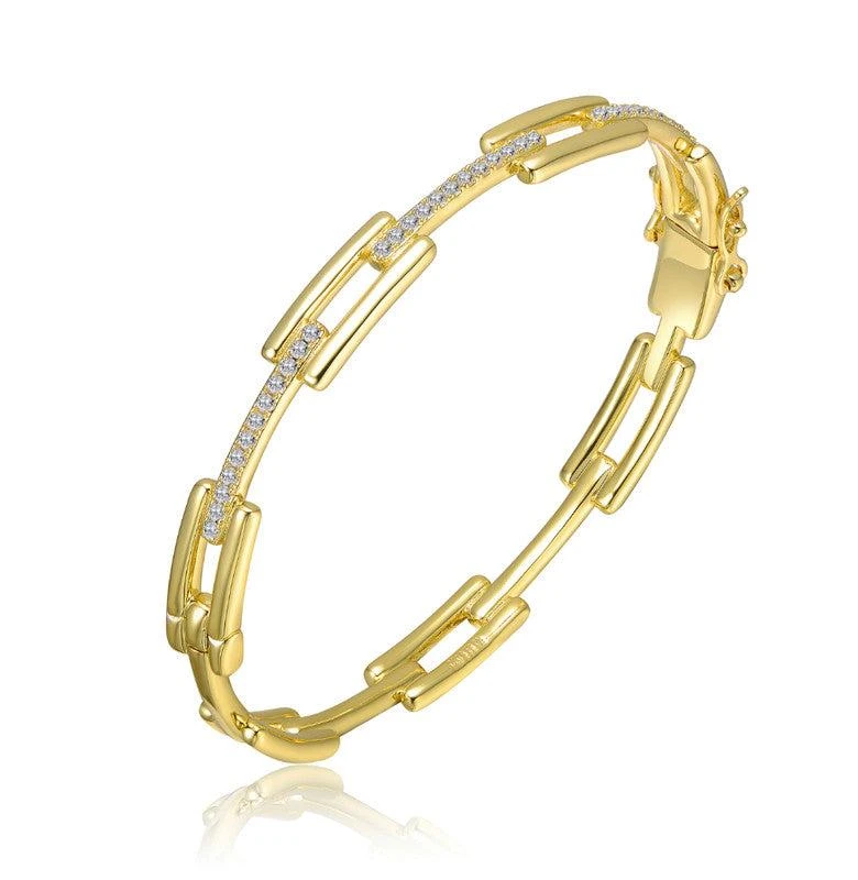Rachel Glauber 14K Gold Plated with Clear Cubic Zirconia Rectangular Link Bracelet