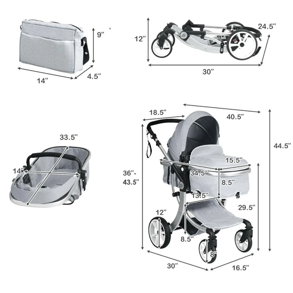 Hivvago Convertible Foldable Baby Stroller with High Landscape Design and Matching Diaper Bag 3