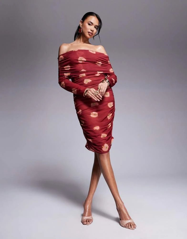 blue dress for baby girl Venezia | Burgundy Bardot Maxi Dress with Drop-Waist main image 0
