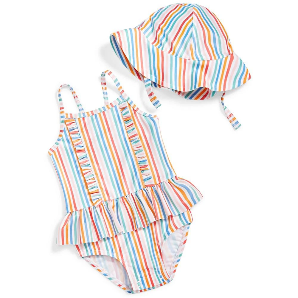 First Impressions Baby Girls Striped One Piece Swimsuit and Hat, 2 Piece Set, UPF 50, Created for Macy's 1