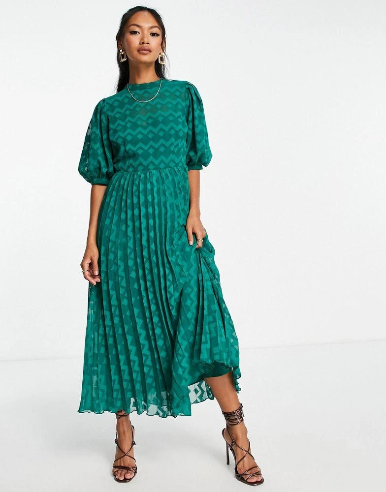 ASOS DESIGN ASOS DESIGN high neck pleated chevron dobby midi dress with puff sleeve in forest green 4