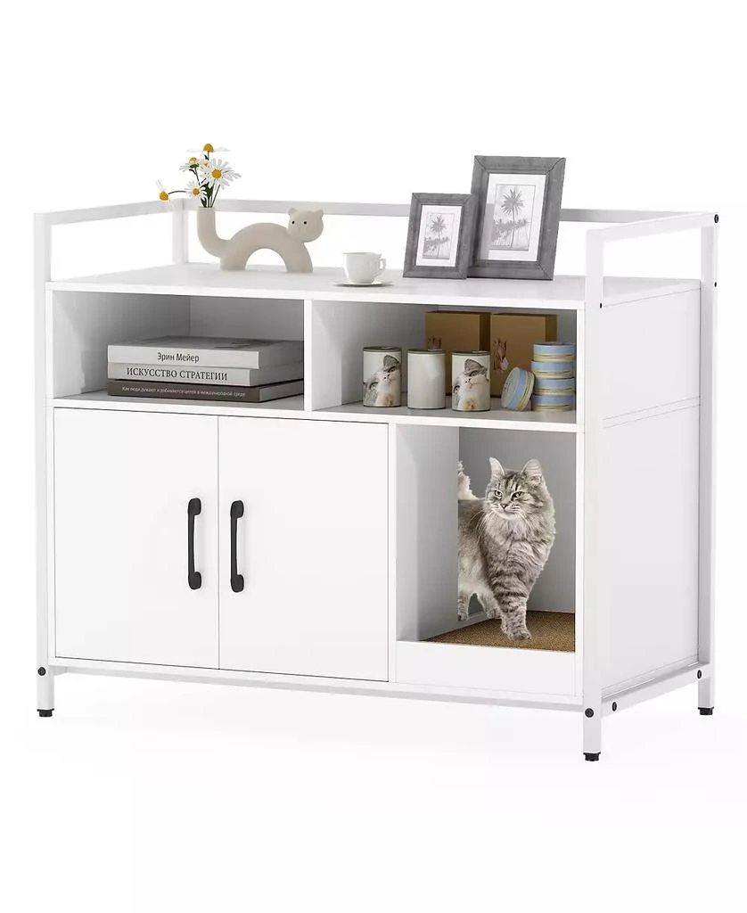 Gymax Cat Litter Box Enclosure w/ Storage Compartments Removable Scratching Board