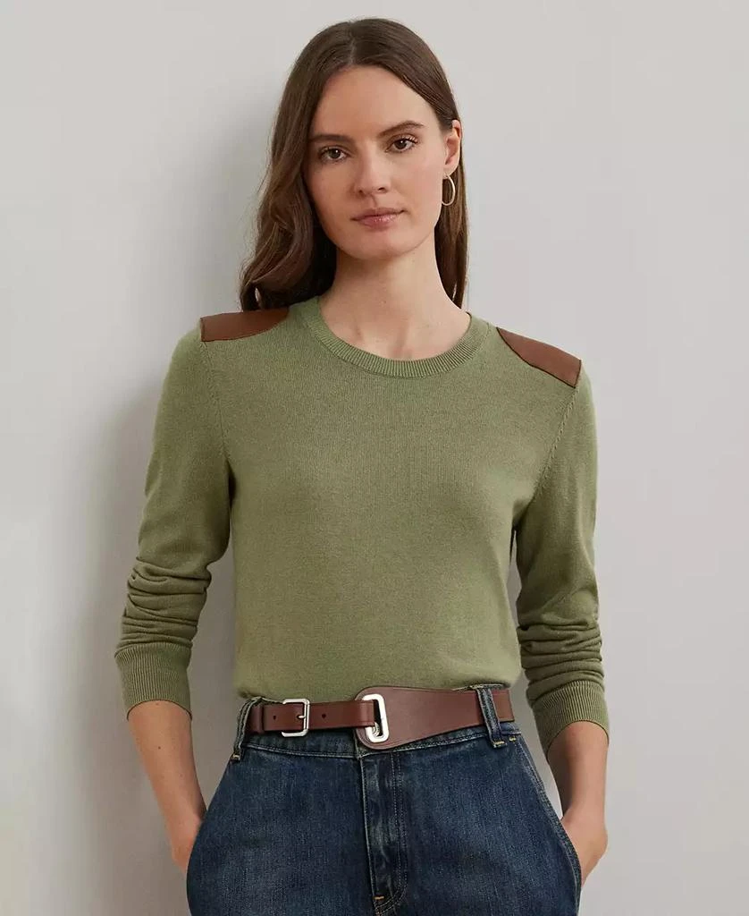 Ralph Lauren Women's Faux-Leather-Trim Cotton-Blend Sweater 1