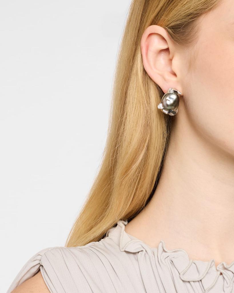 BELPEARL 18K White Gold Grey Tahitian Pearl Earrings with Diamonds