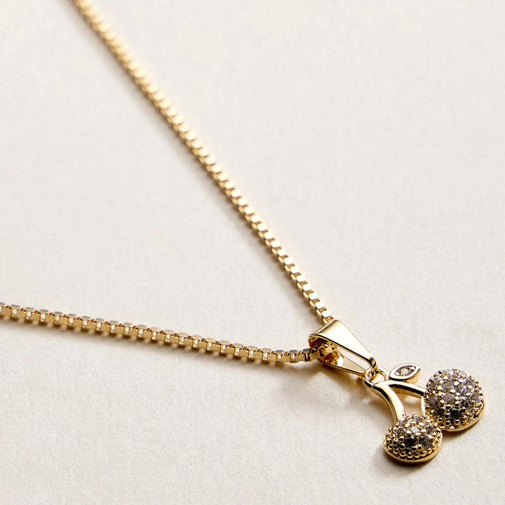 FASHNZFAB 18K Gold Filled CZ Stone Paved Cherry Pendant Necklace 3