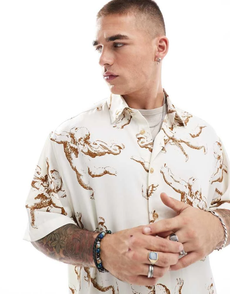 ASOS ASOS DESIGN oversized shirt with cherub print in neutral 2