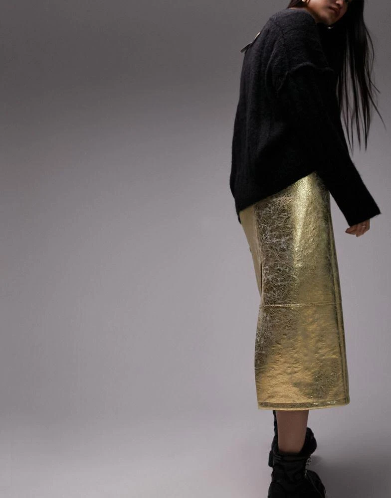 Topshop Topshop leather look split seam midi skirt in gold 2