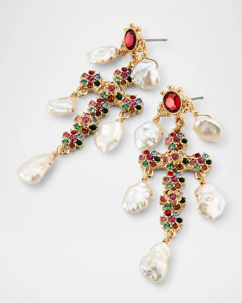 Devon Leigh White Pearl and Multicolored Crystal Cross Earrings 3