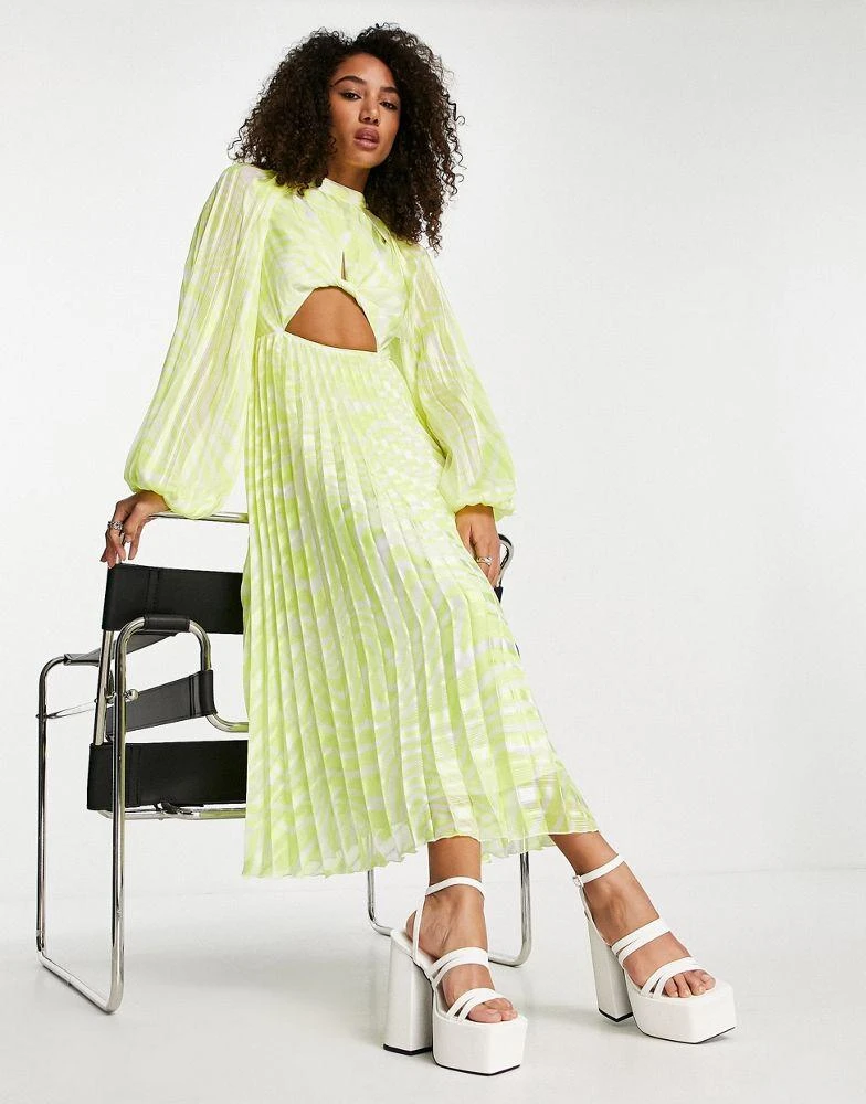 ASOS DESIGN ASOS DESIGN knot front high neck cutout pleated midi dress in yellow textured stripe 4