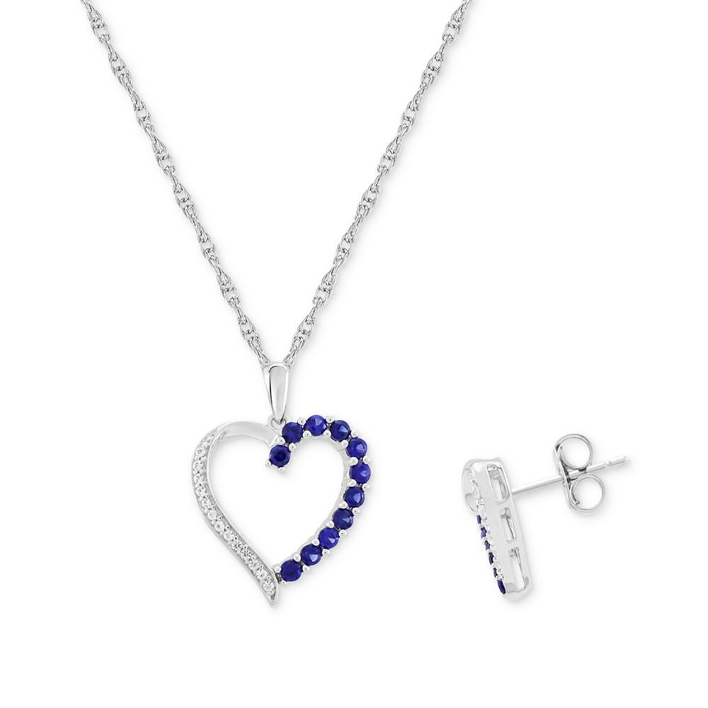 Macy's 2-Pc. Set Lab-Grown Blue Sapphire (3/8 ct. t.w.) & Lab-Grown White Sapphire (1/4 ct. t.w.) Open Heart Pendant Necklace & Matching Stud Earrings in Sterling Silver