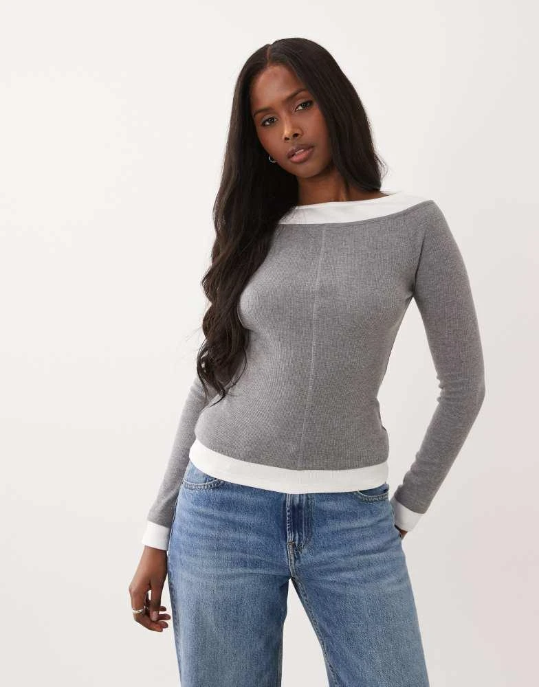 ASOS ASOS DESIGN ribbed double layer cold shoulder top in grey marl