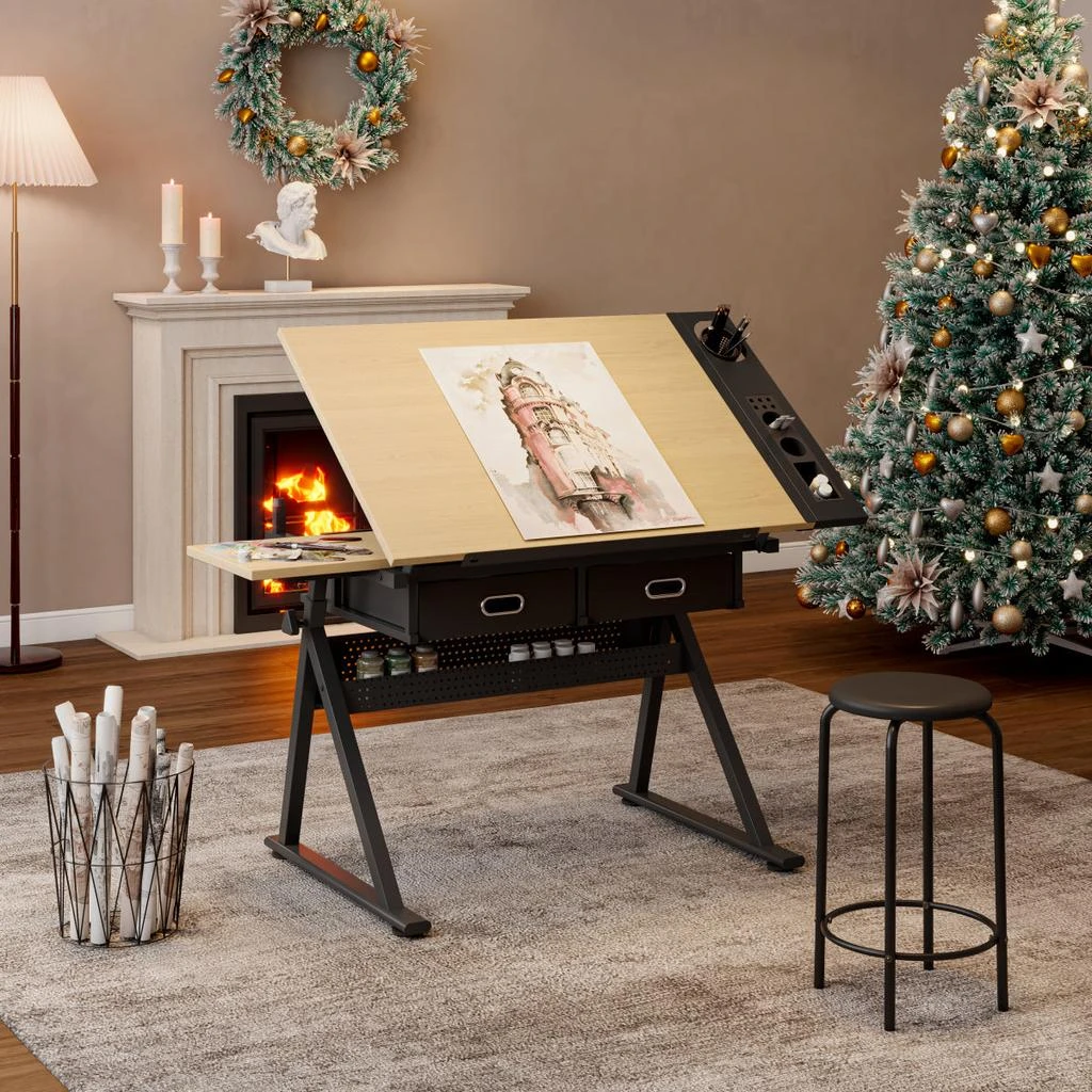 Streamdale Furniture Streamdale Adjustable Drawing Drafting Table Desk with 2 Drawers 
Stool (Maple)