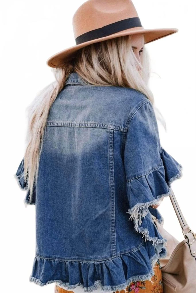 Aapparella Raw Edge Ruffled Short Sleeve Jacket In Denim 2