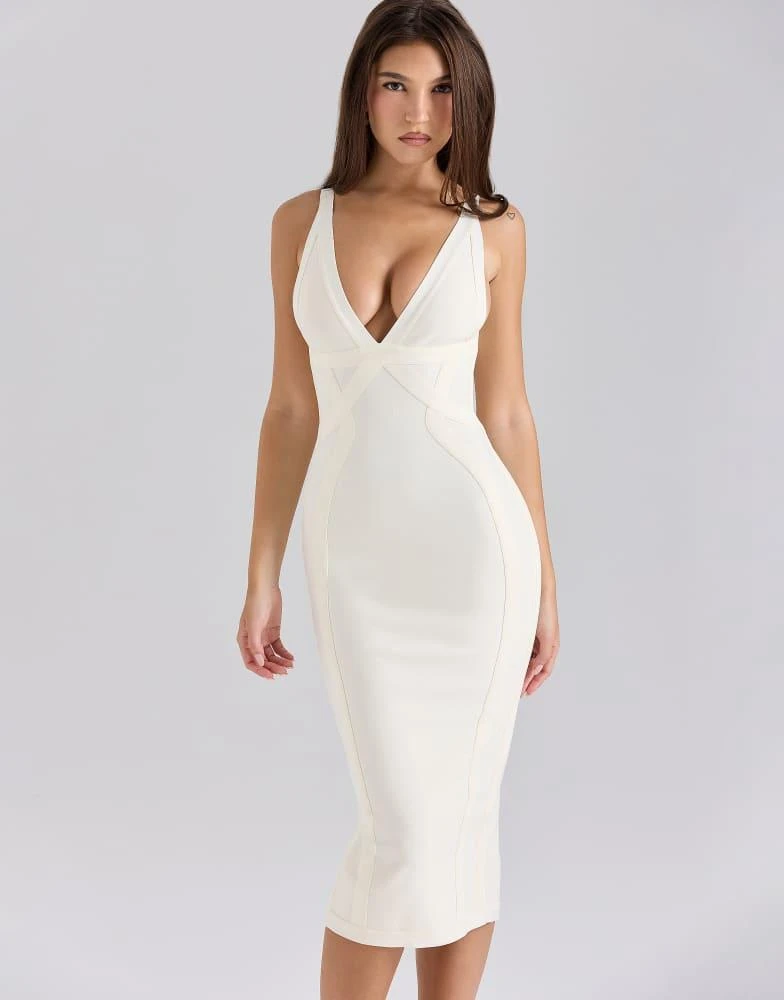 house of cb white bodycon dress Scoop Neck Ribbed Long Sleeve Bodycon Wrap Midi Dress – InTheStyle main image 1