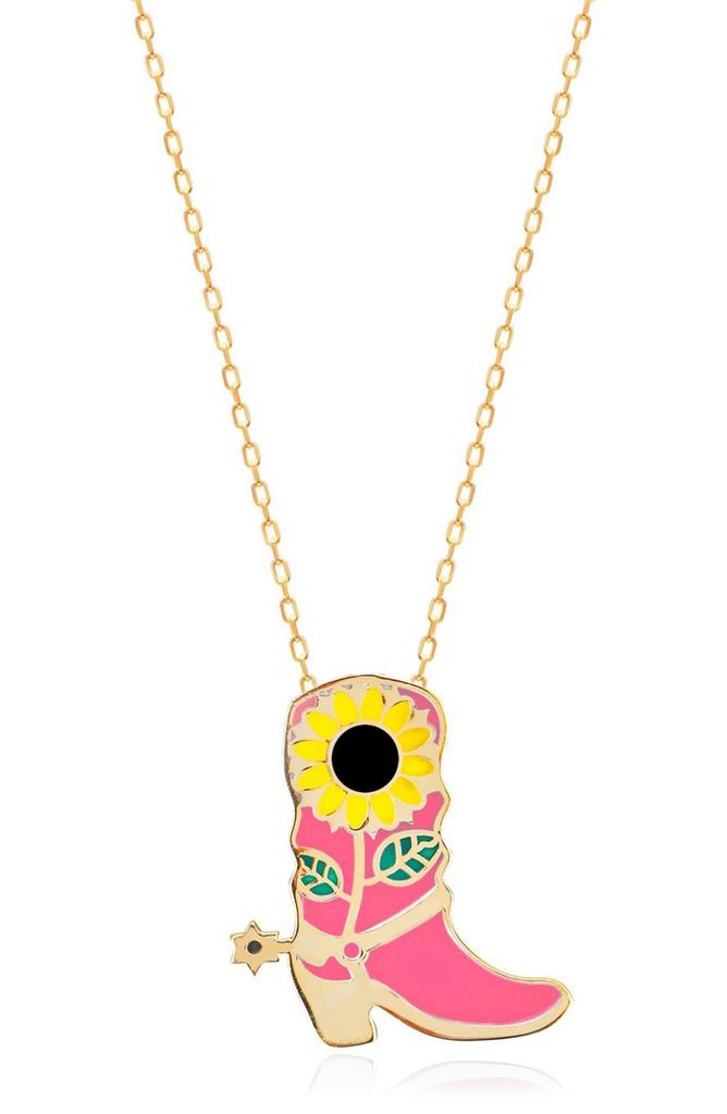 Gabi Rielle 14K Gold Plated Sterling Silver Enamel Sunflower Cowgirl Boot Pendant Necklace