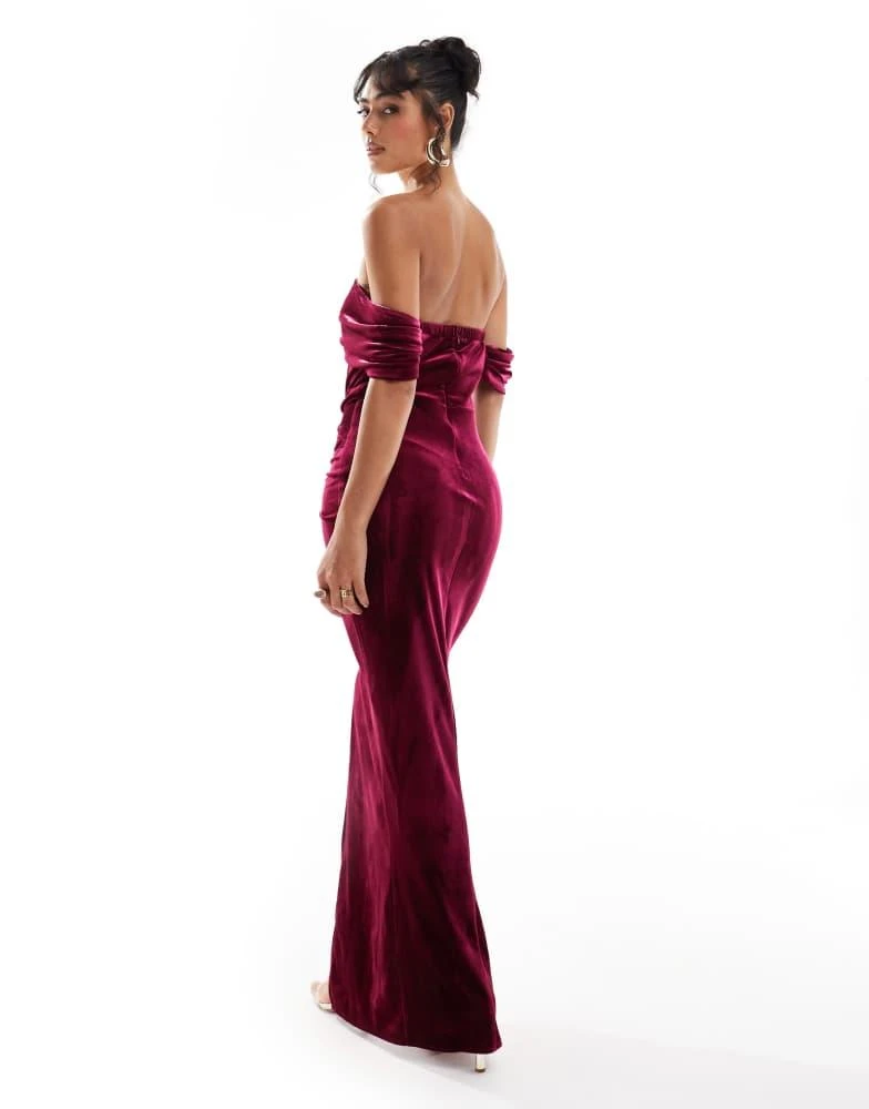 TFNC TFNC velvet off shoulder maxi dress in burgundy 4