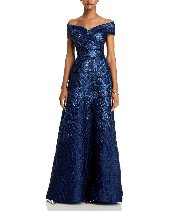 Teri Jon Off-the-Shoulder Metallic Jacquard Gown