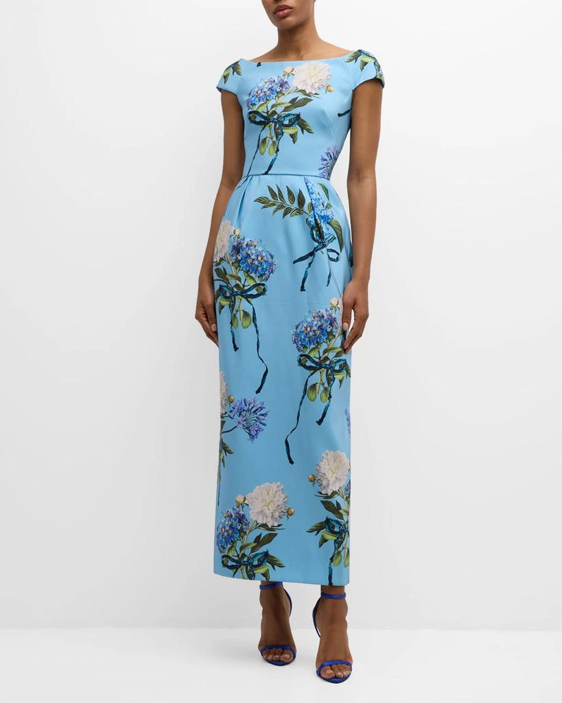 Monique Lhuillier Hydrangea-Print Cap-Sleeve Faille Column Gown 2
