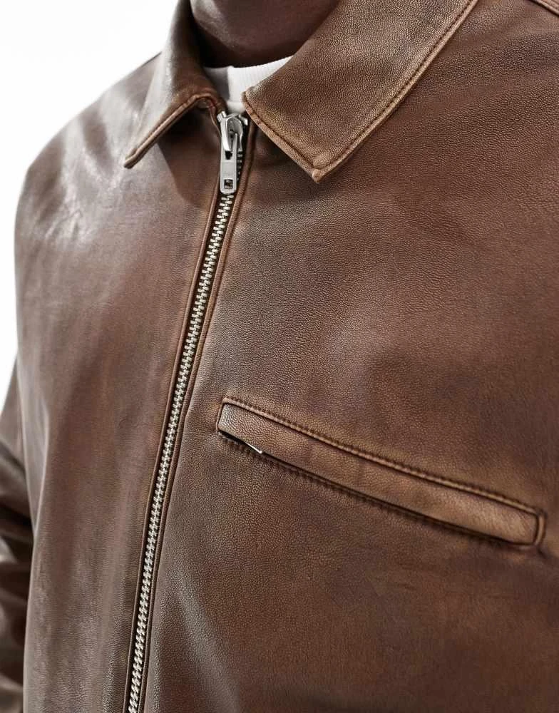 Abercrombie & Fitch Abercrombie & Fitch cropped zip front washed faux leather biker jacket in tan 3