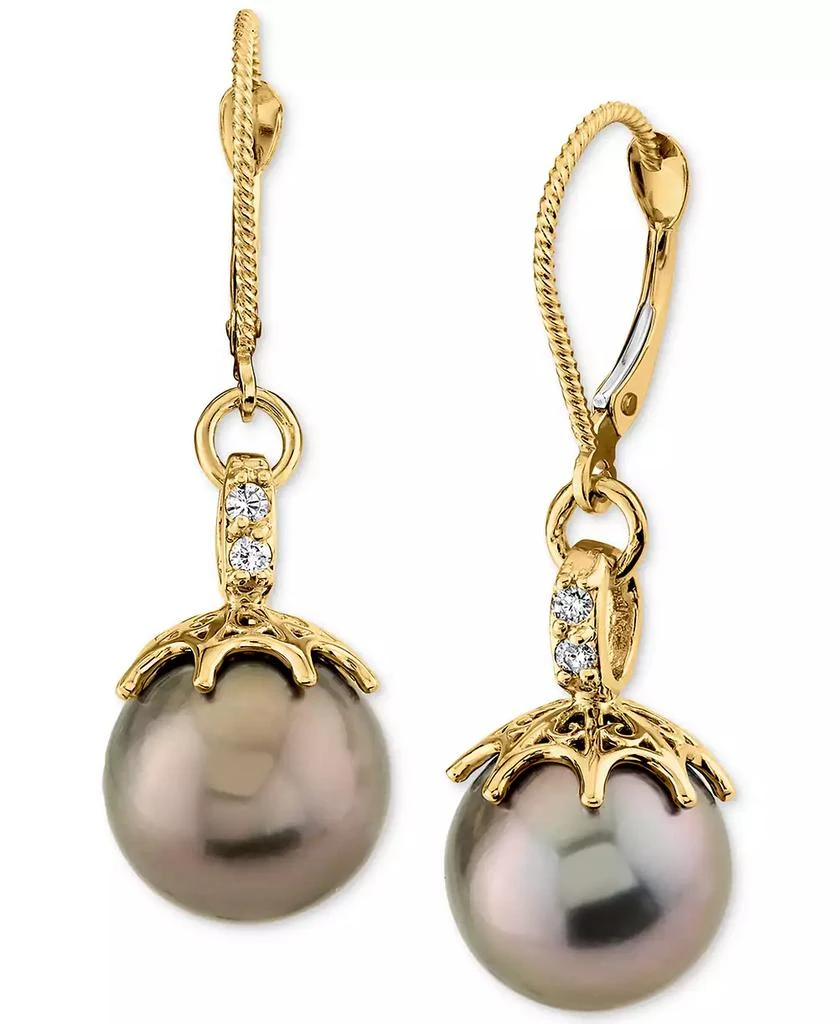 Macy's Cultured Tahitian Pearl (10mm) & Diamond (1/4 ct. t.w.) Leverback Drop Earrings in 14k Gold 1