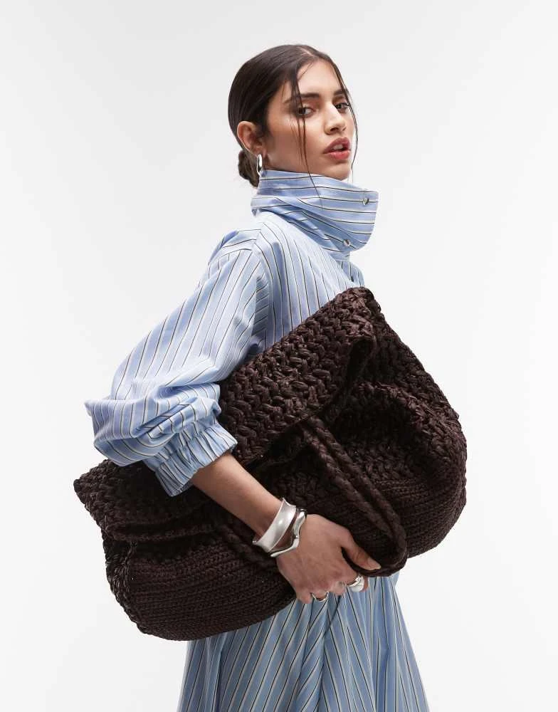 Mango Mango premium jumbo raffia tote bag in chocolate brown 4