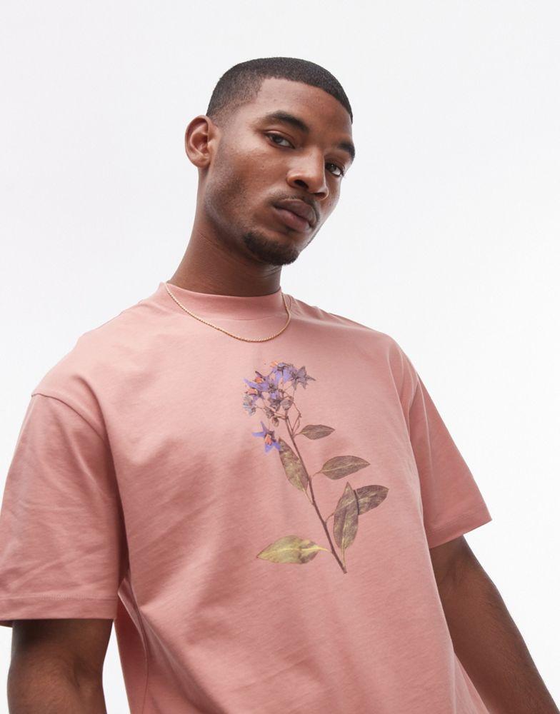 Topman Topman oversized fit t-shirt with front and back pressed floral print in pink