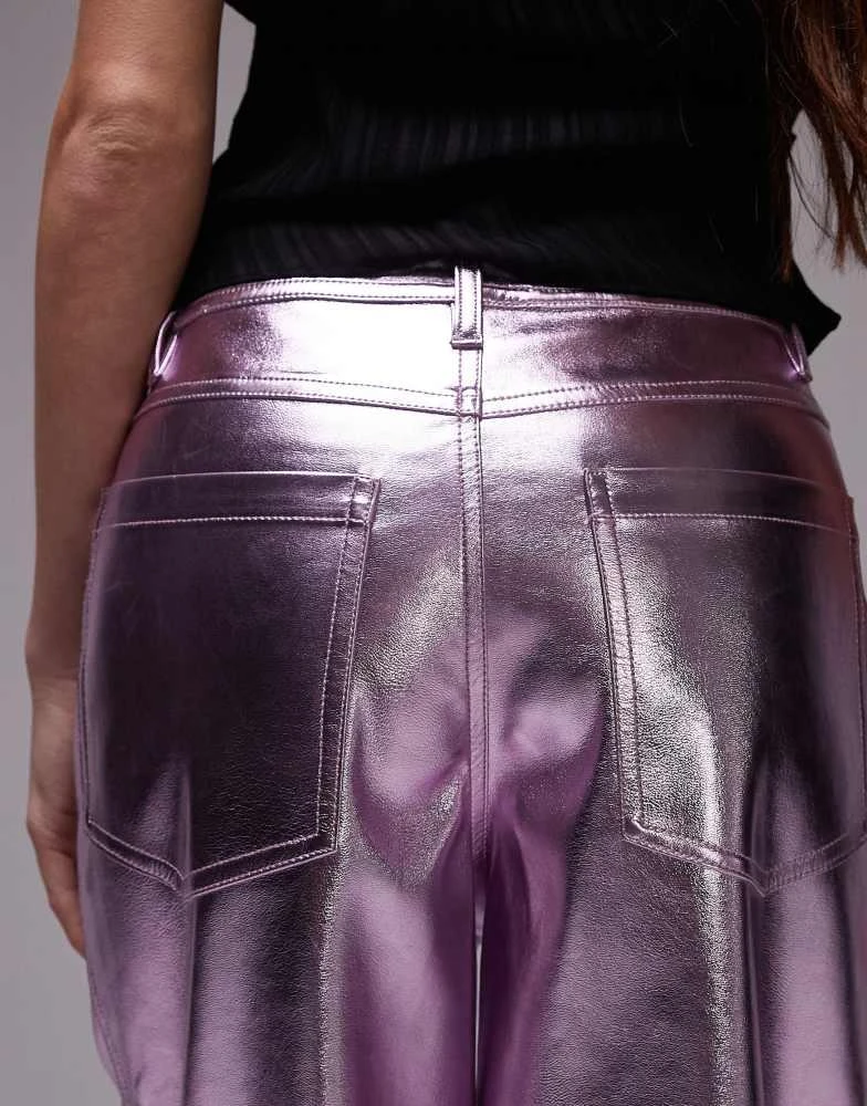 Topshop Topshop straight leg faux leather trouser in metallic pink 4