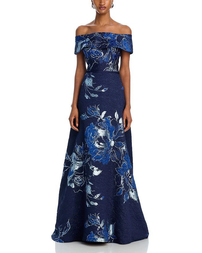 Teri Jon Off-the-Shoulder Metallic Floral Jacquard Gown 7