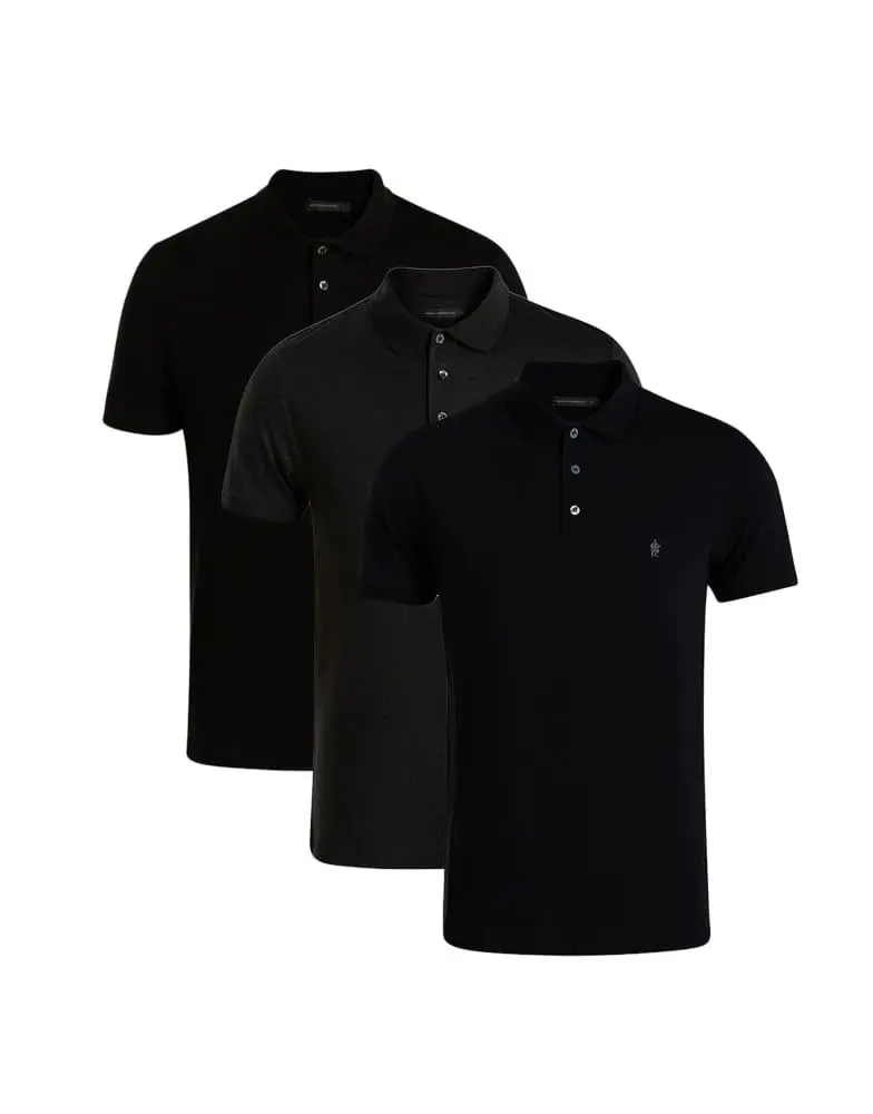 French Connection French Connection 3 pack cotton short sleeve polo shirts in charcoal