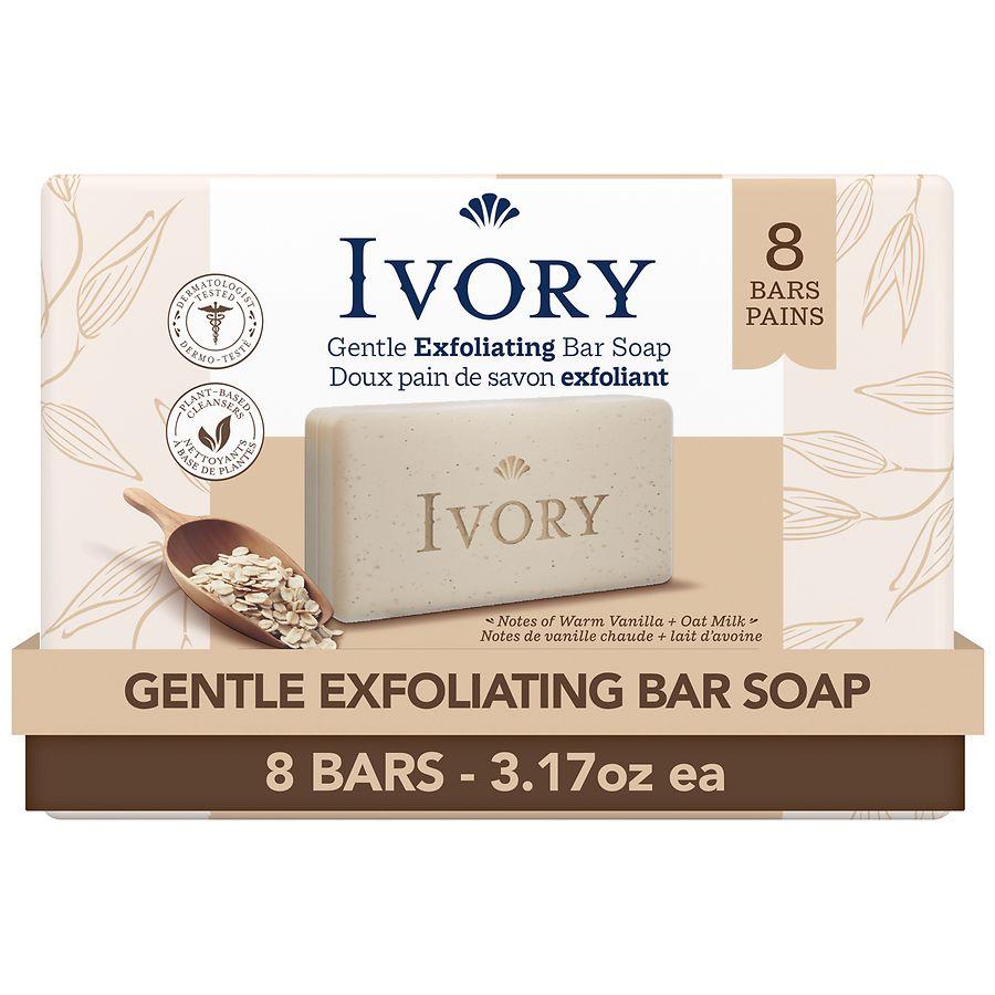 Ivory Gentle Exfoliating Bar Soap Notes of Warm Vanilla + Oat Milk, 8 count