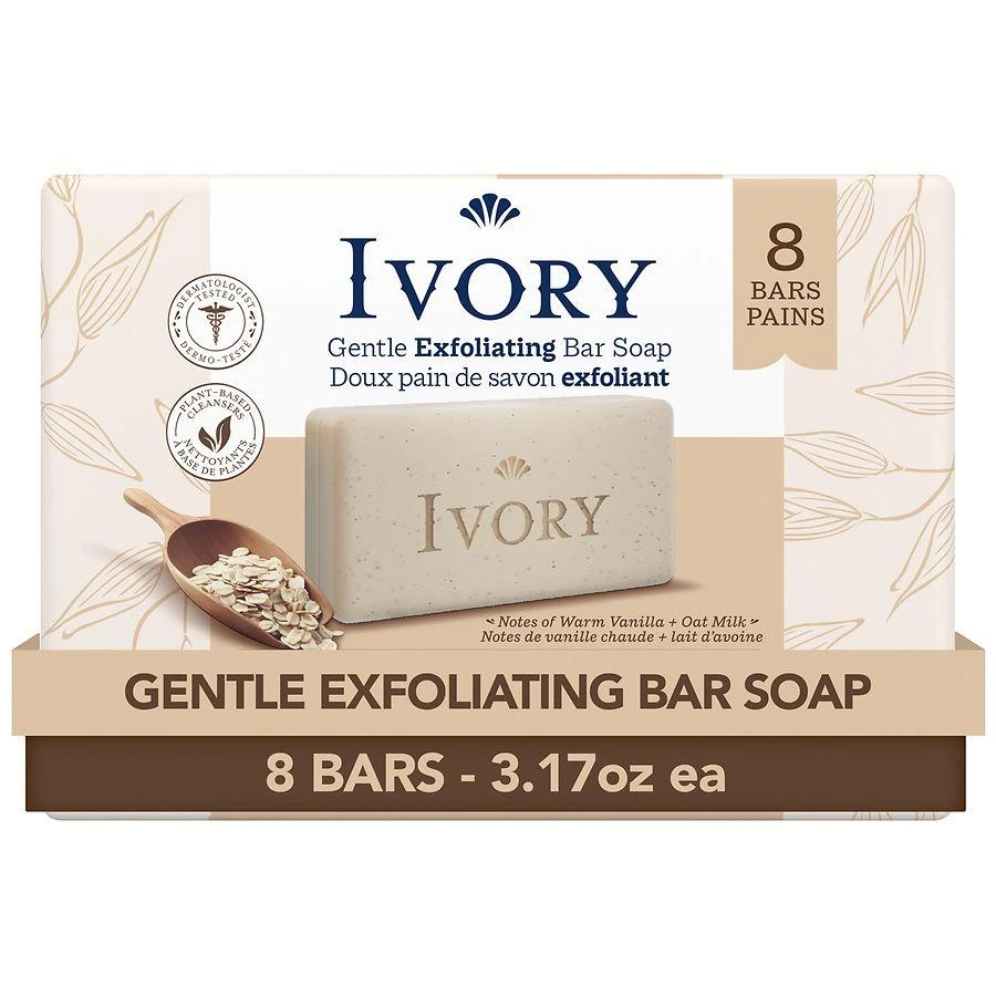 Ivory Gentle Exfoliating Bar Soap Notes of Warm Vanilla + Oat Milk, 8 count