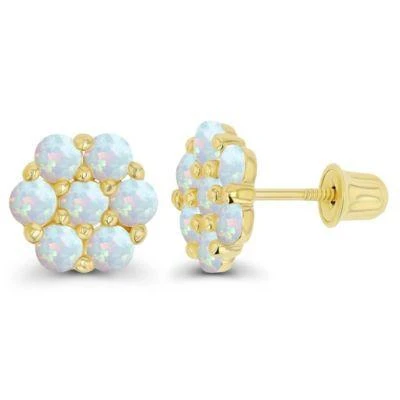 LULEA Lab Created Sterling Silver Rhodium 2.5Mm Round Created Opal Flower Screwback Earring 1