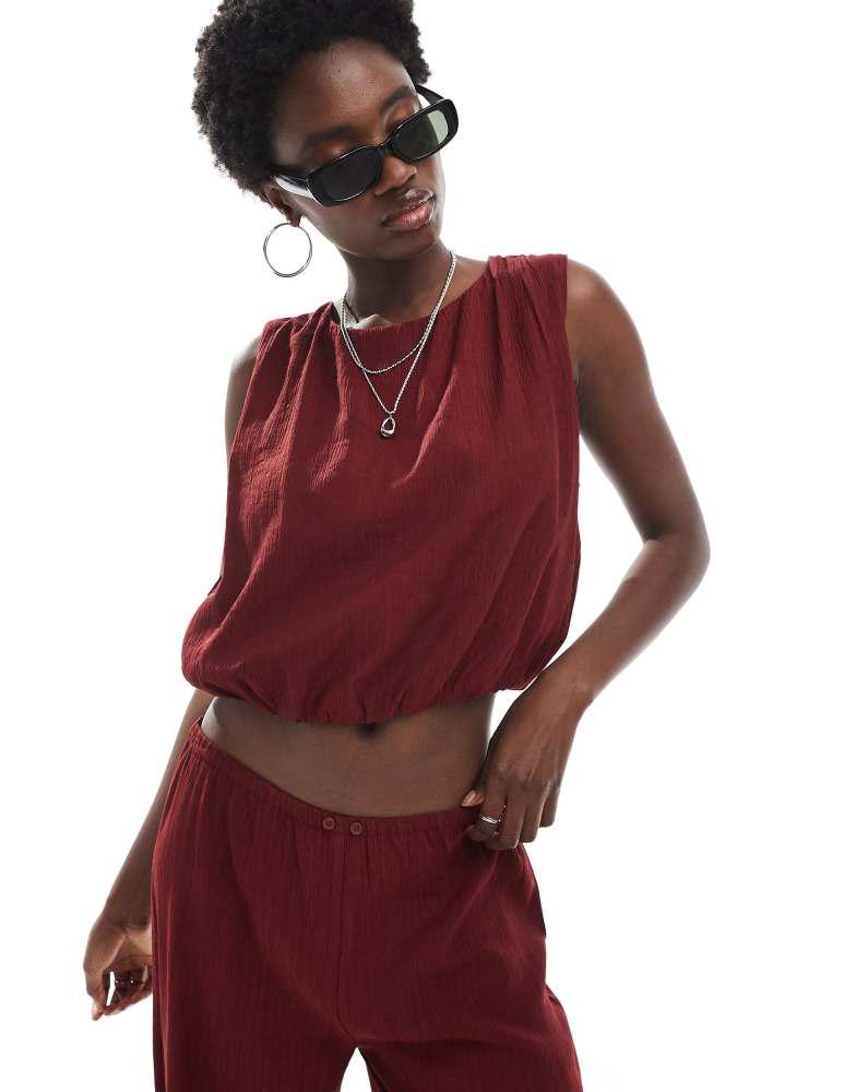 Pull&Bear Pull&Bear textured cropped top co-ord in burgundy