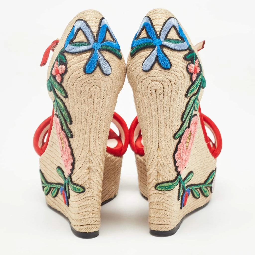 Gucci Gucci Red/Beige Suede Floral Embroidered Espadrille Wedge Platform Ankle Strap Sandals Size 37.5 5